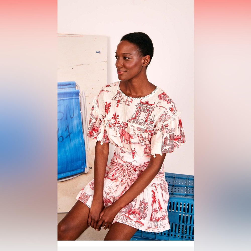 FARM Rio Nossa Lingua Cotton Red and White Ruffled Blouse